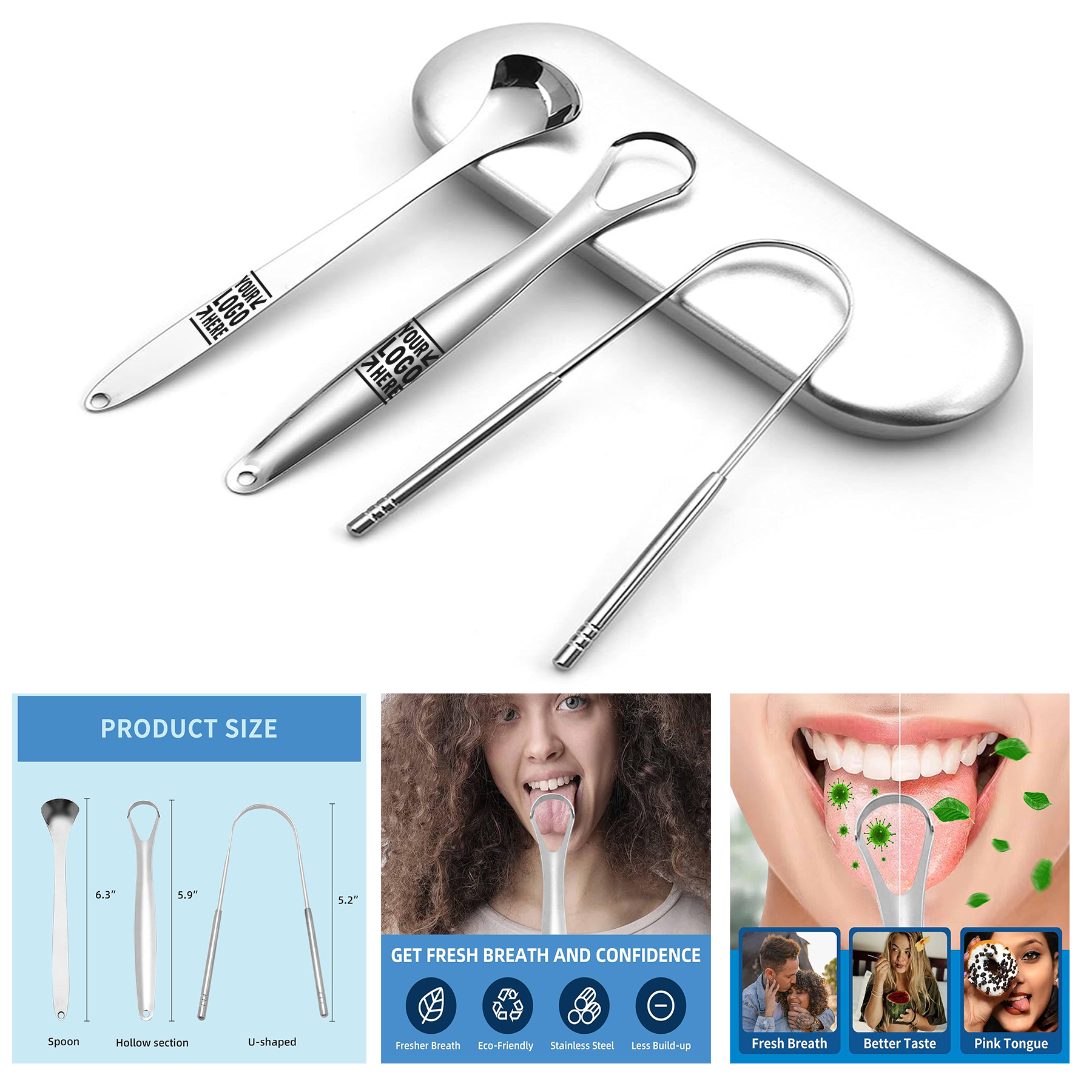 3 Pack Adults Bad Breath Oral Care Treatment Stainless Steel Tongue Scraper with Travel Case