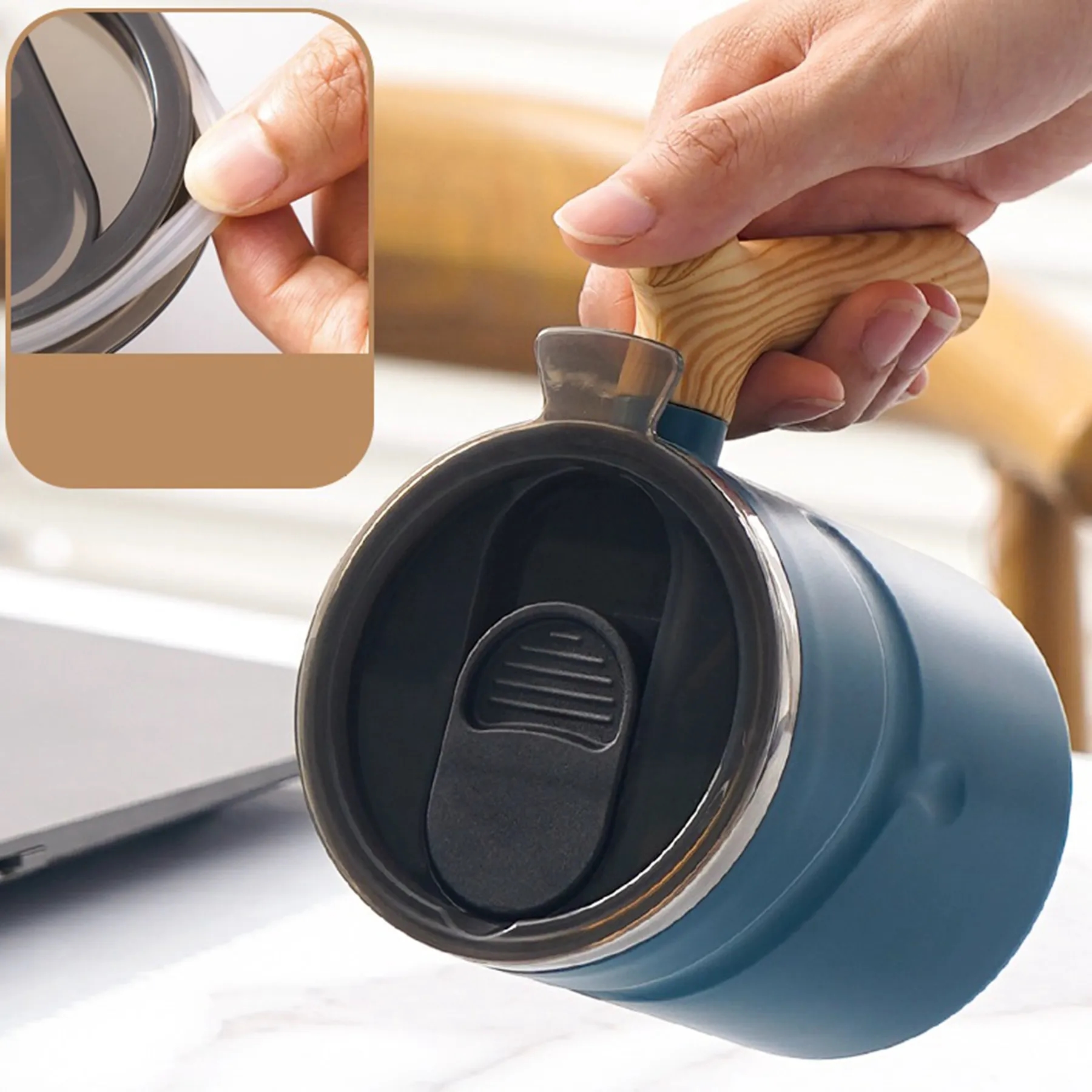 17 oz Stainless Steel Cup With Wooden Handle 2