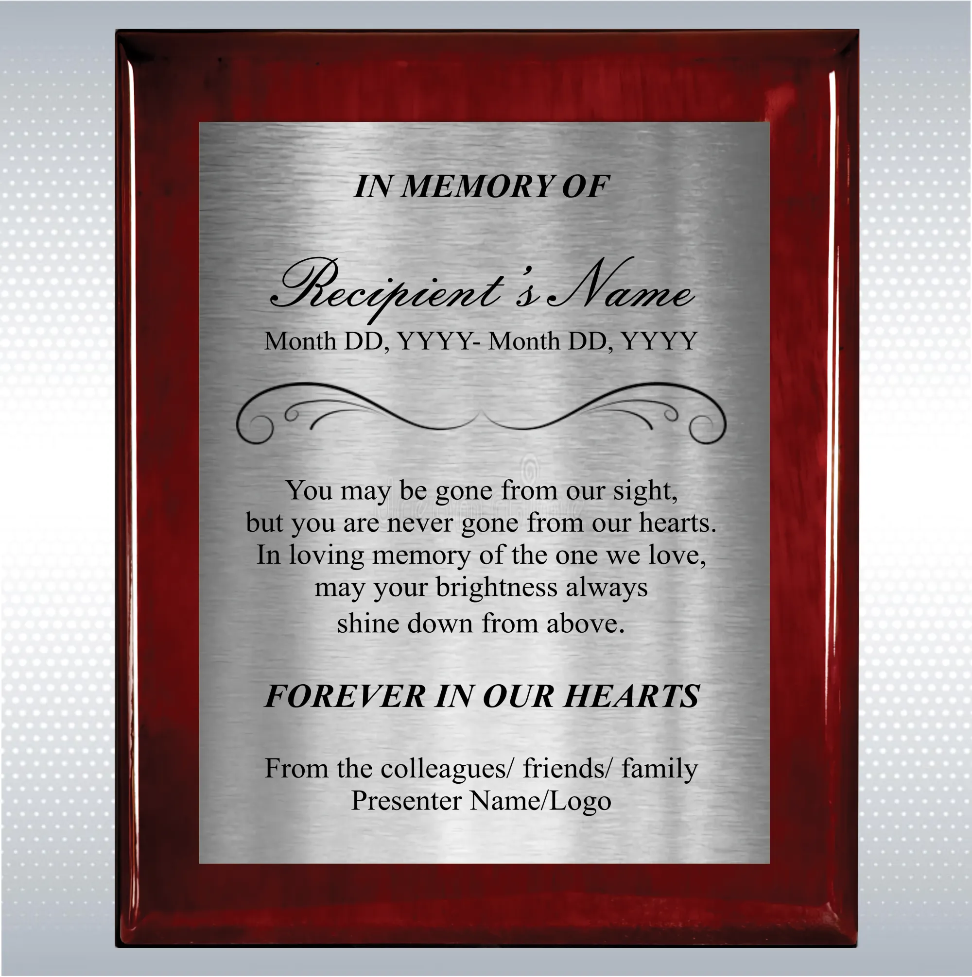 Rosewood Piano Finish Wood Personalized Memorial Plaque Gift 20