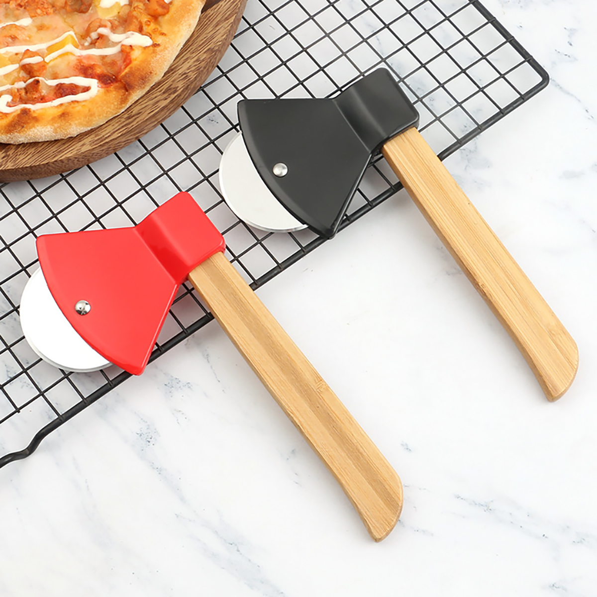 Axe-Shaped Pizza Cutter W/ Wooden Handle & Stainless Blade 4