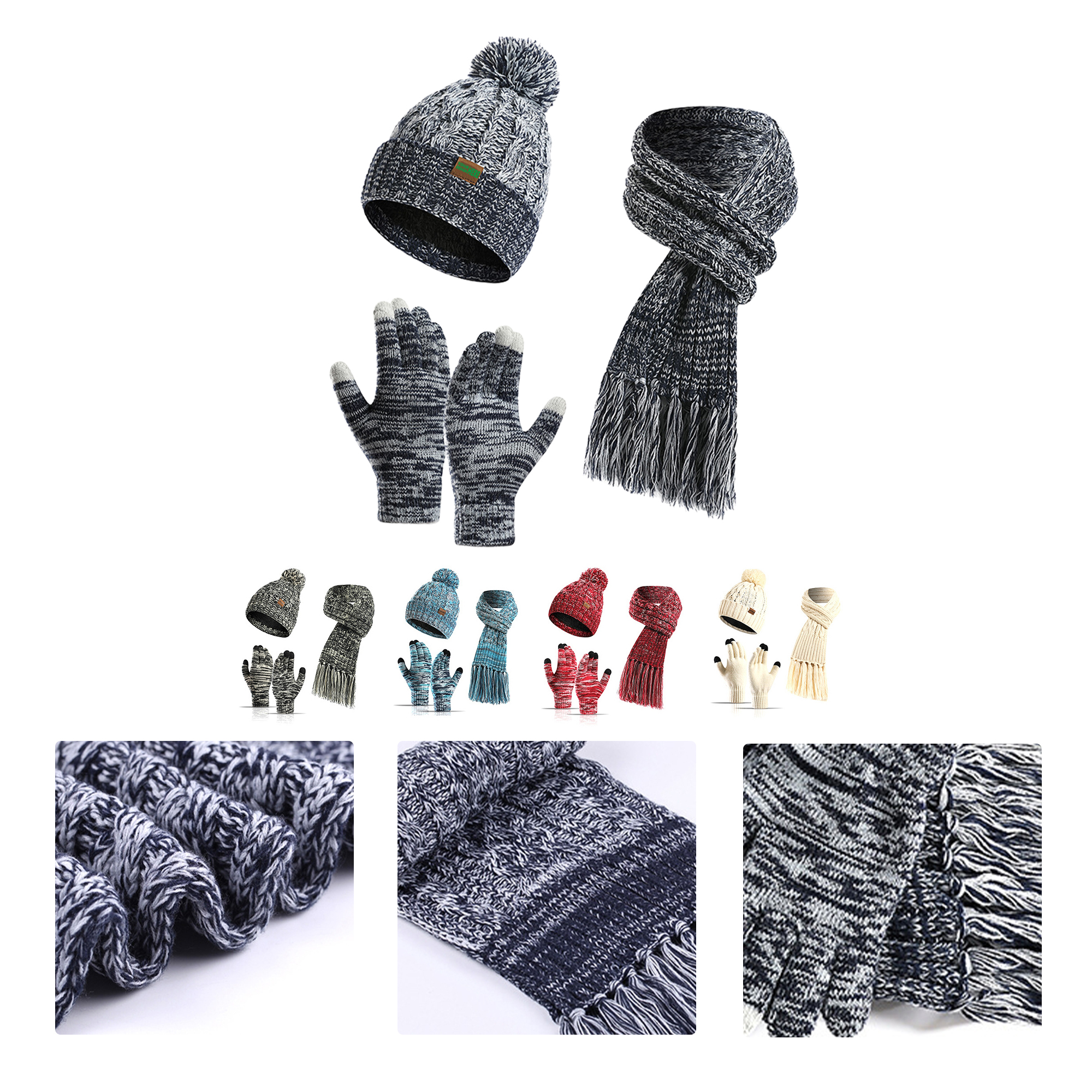 MOQ50 Winter Knit Hat Scarf Touchscreen Gloves Set Customization 2