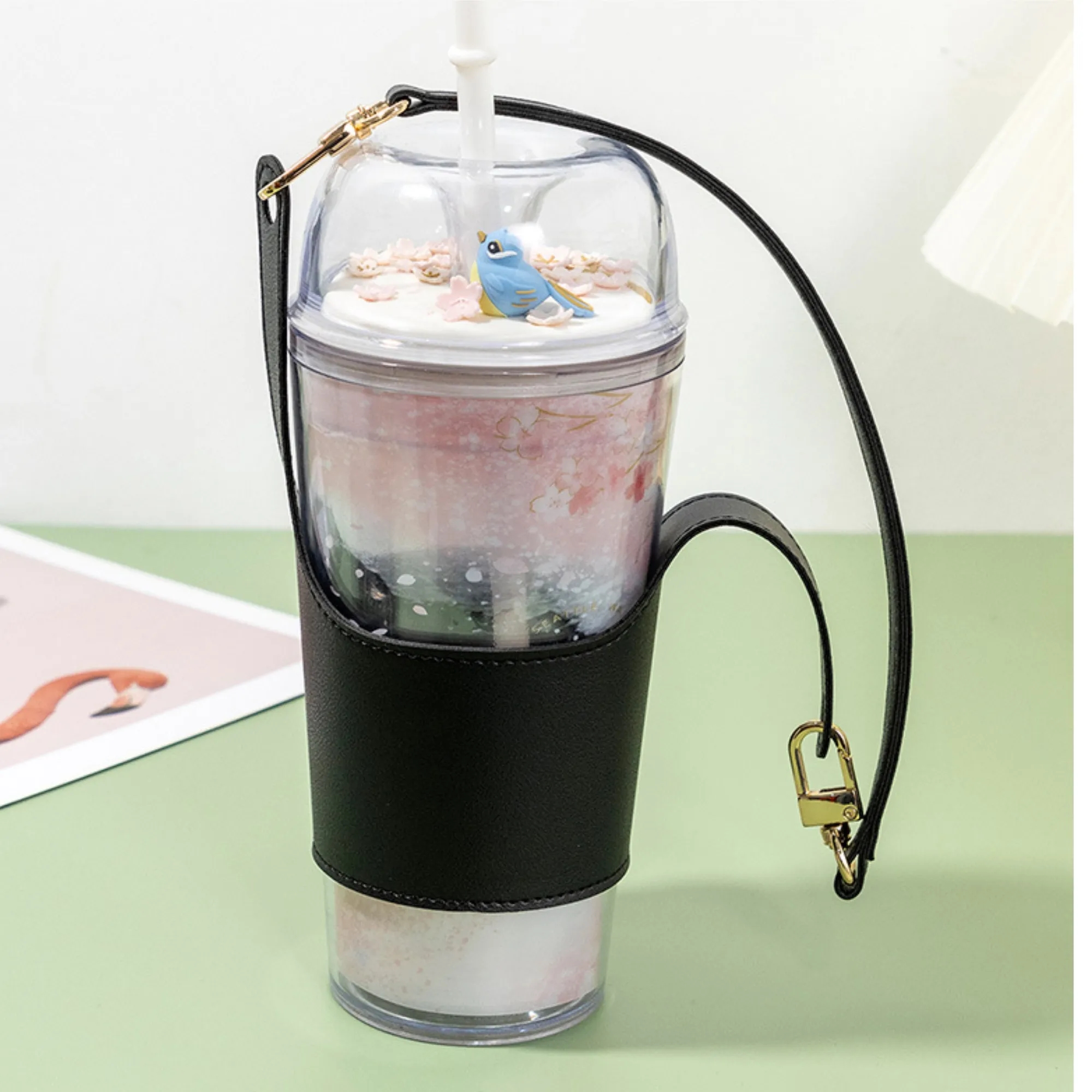 Leather Cup Carrier Holder Water Bottle Sleeve With Handle 2