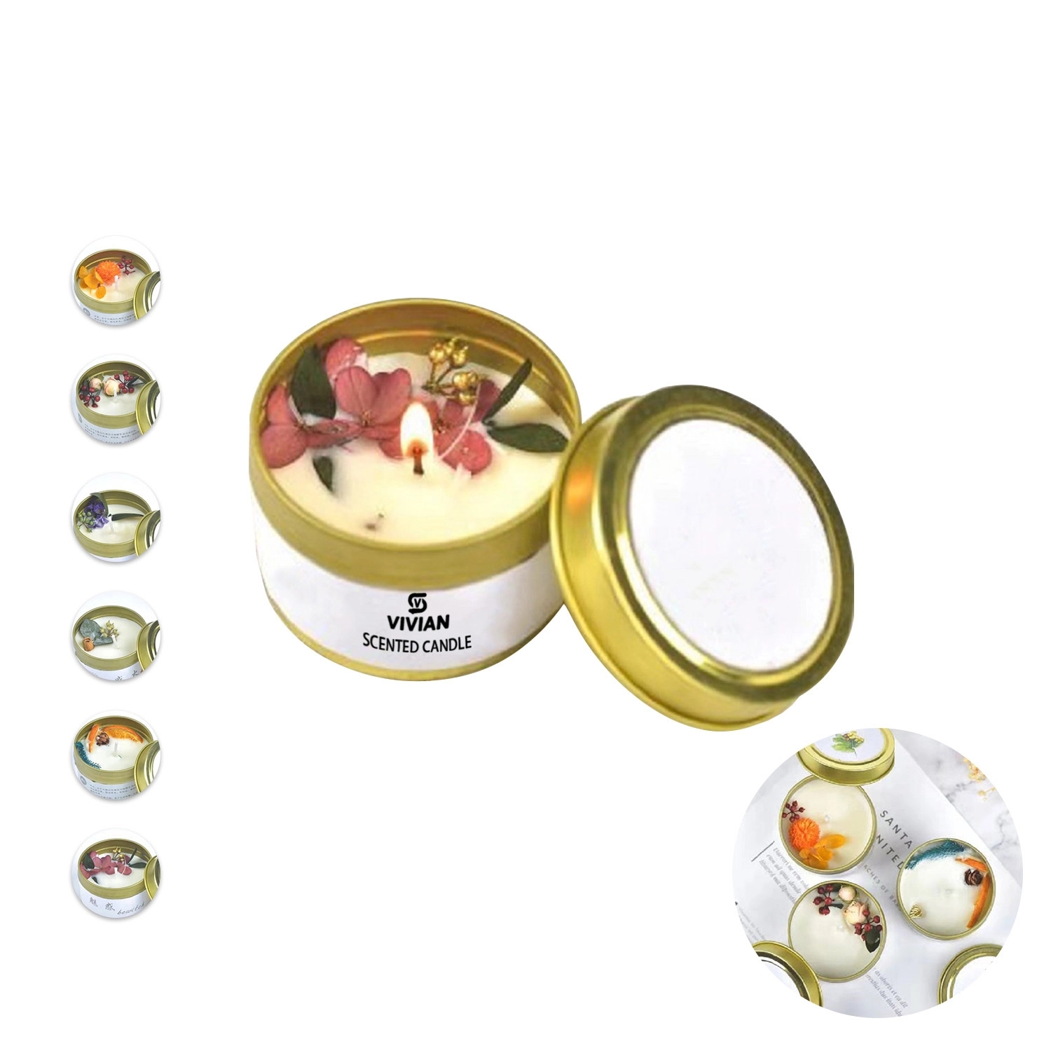 3Oz. Soy Wax Aromatherapy Candles W/ Preserved Flower In Tin 2