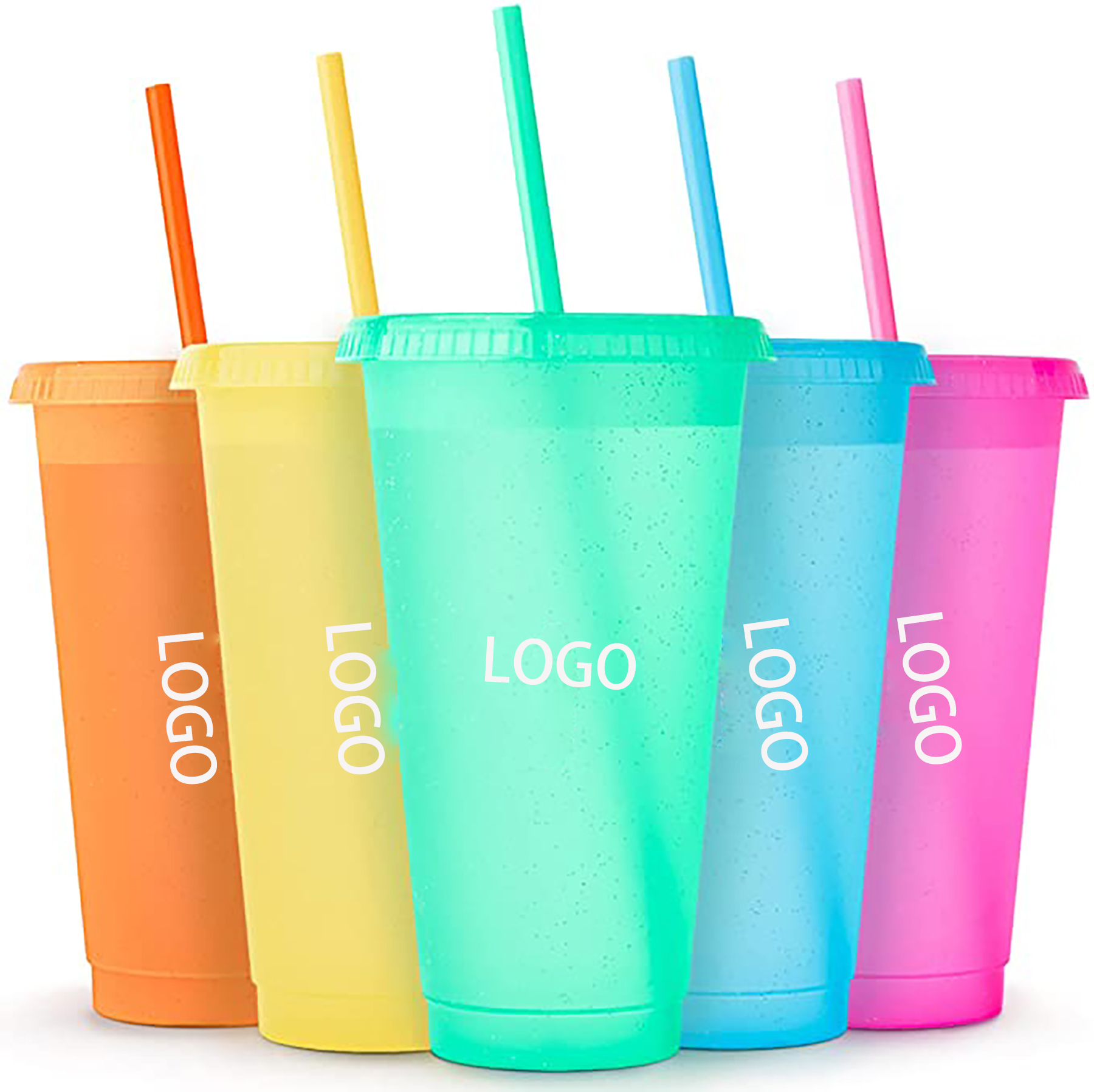 24 OZ Glitter Reusable Color Changing Cups w/ Lids & Straws in Cold Water 2