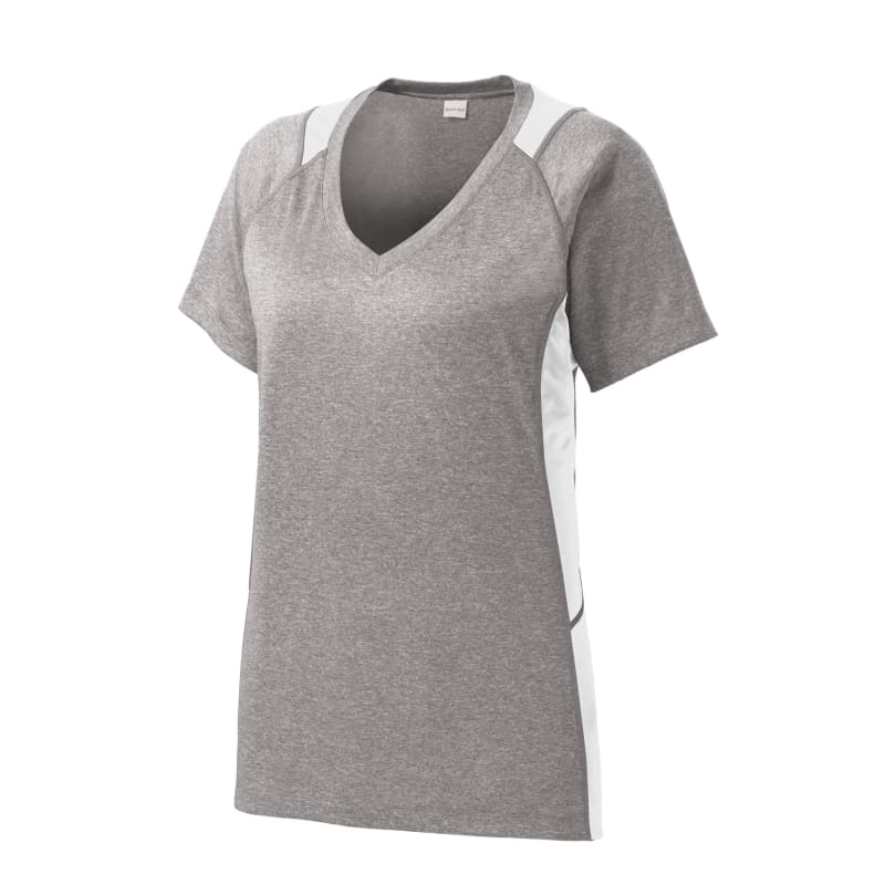 Sport-Tek Women's Heather Colorblock Contender V-Neck Tee. 3
