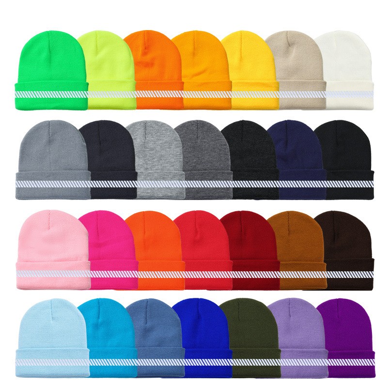 Reflective Striped Lined Fluorescent Knitted Beanie Hat 2