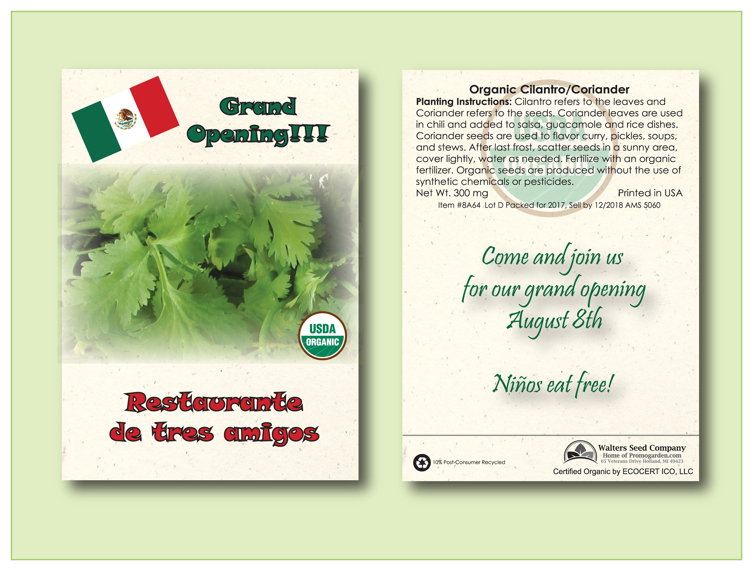 Organic Cilantro/Coriander Herb Seed Packet - Standard Size 3.25" x 4.5" 2
