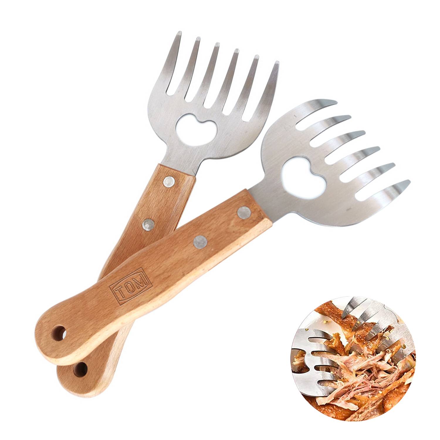 Wooden Handle Stainless Steel Bear Claw Cooked Meat Shredder 2