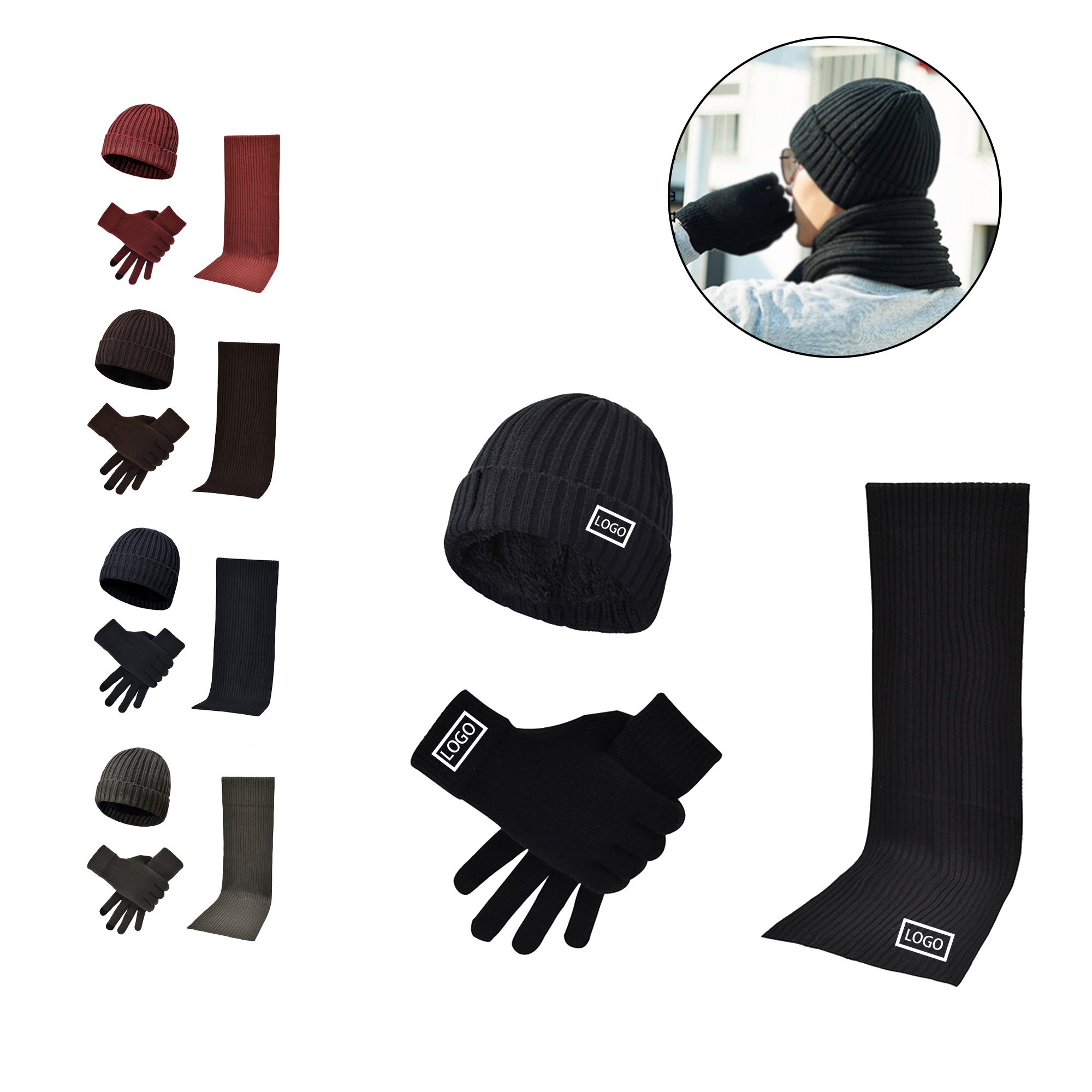 MOQ:5pcs Warm Knit Scarf Gloves Hat Set 2