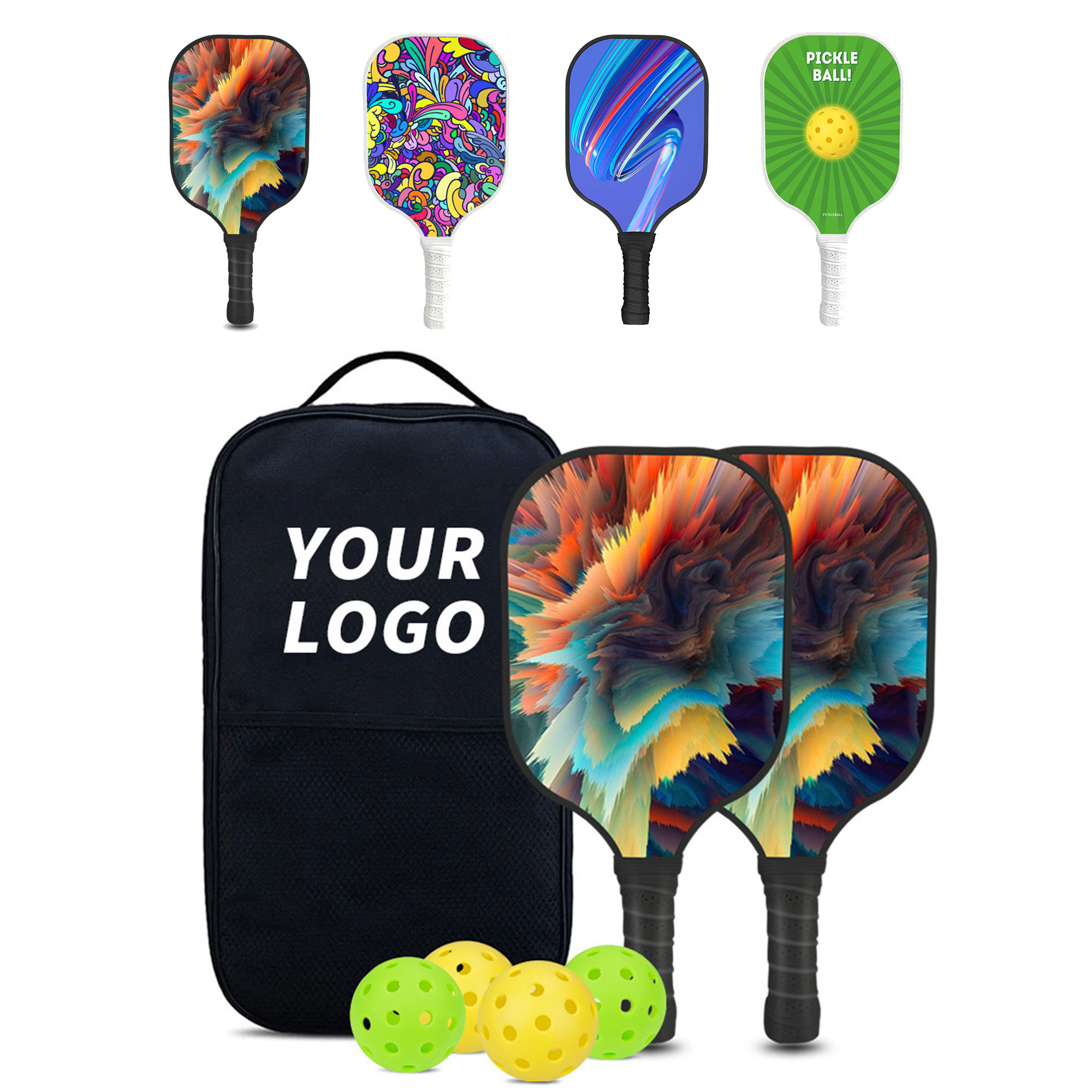 Full Color Premium Fiberglass Pickleball Set with Optional Paddle Carry Case 3