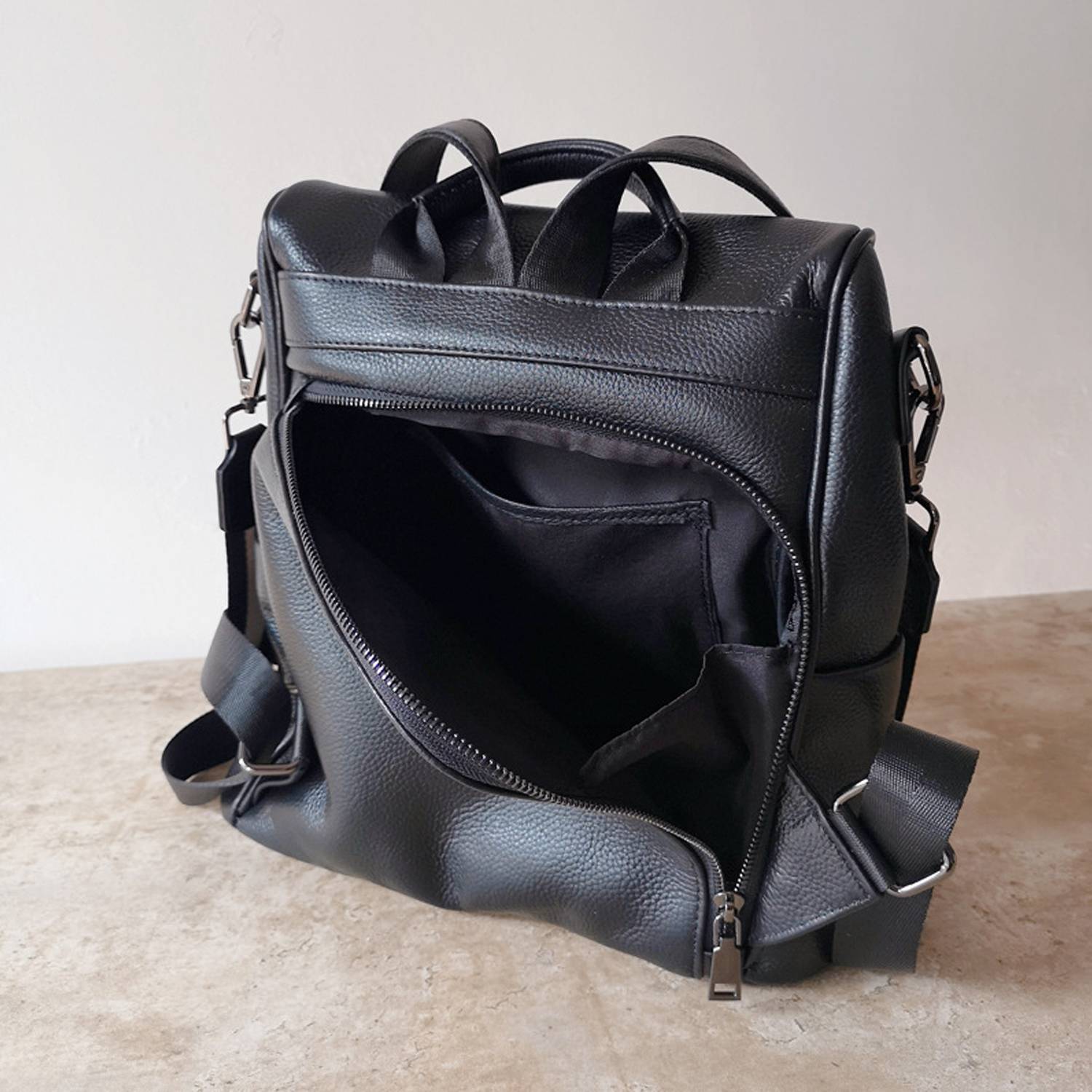 Black Genuine Leather Street-Style Backpack 6