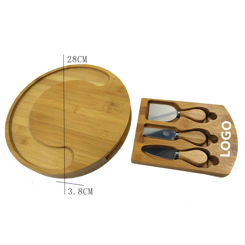 Round Bamboo Cheese Board Cutting Board & Cutlery Set 2