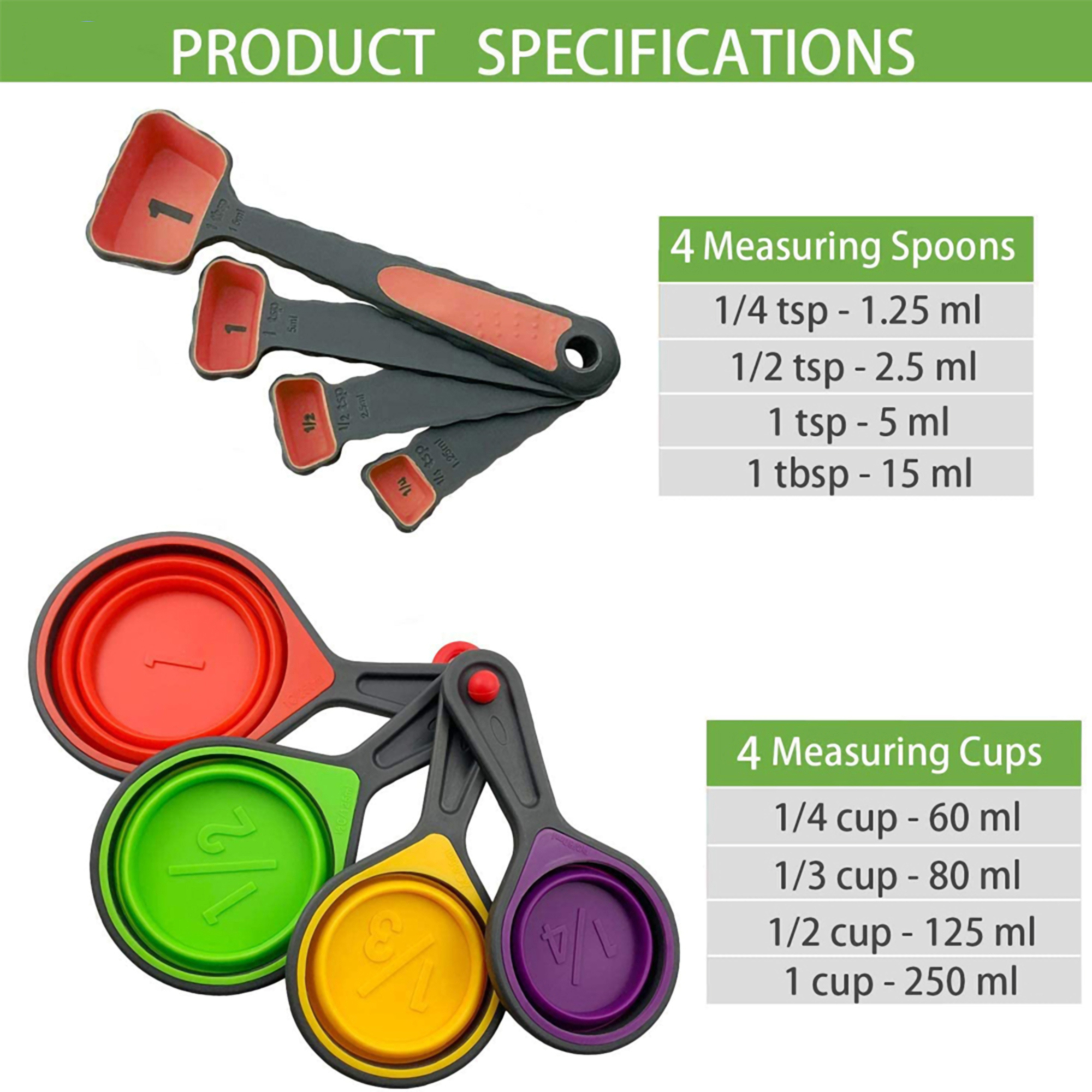 8 Piece Collapsible Silicone Measuring Cups And Spoons 5