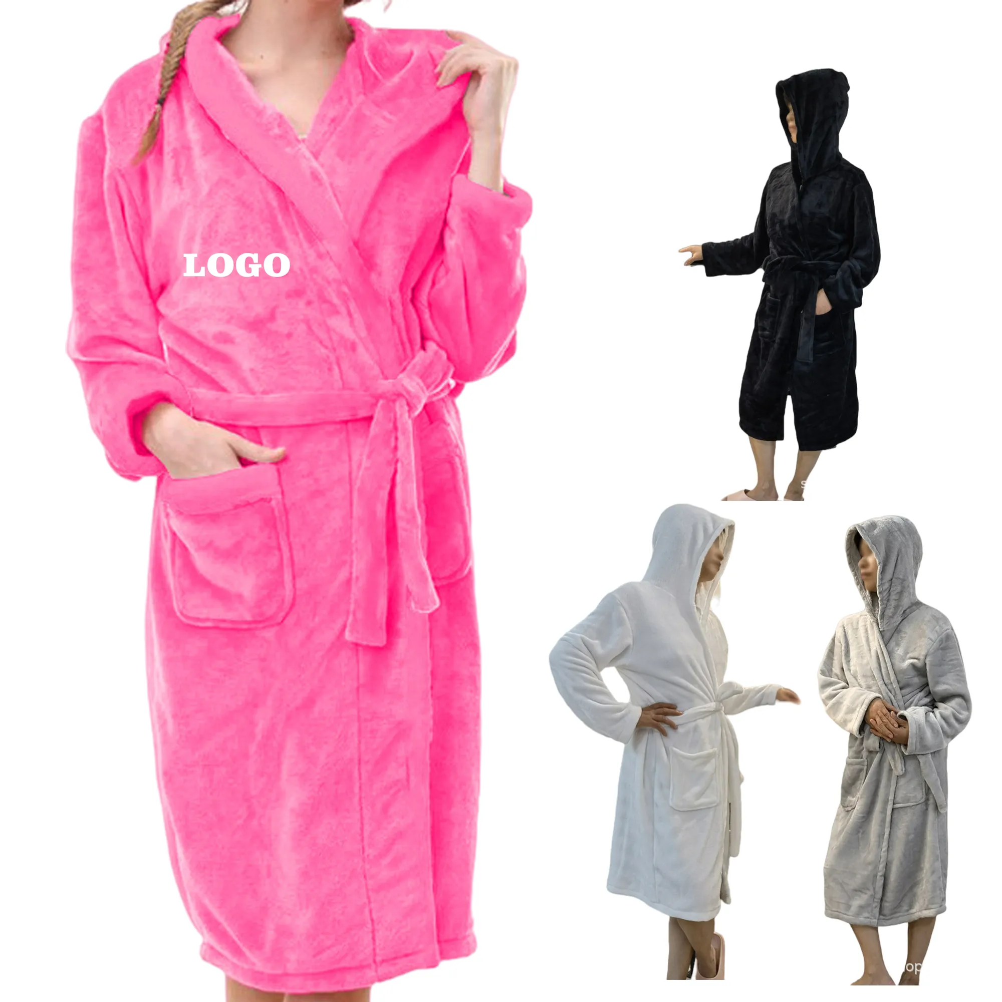 Flannel Hooded Kimono Bath Robe 2