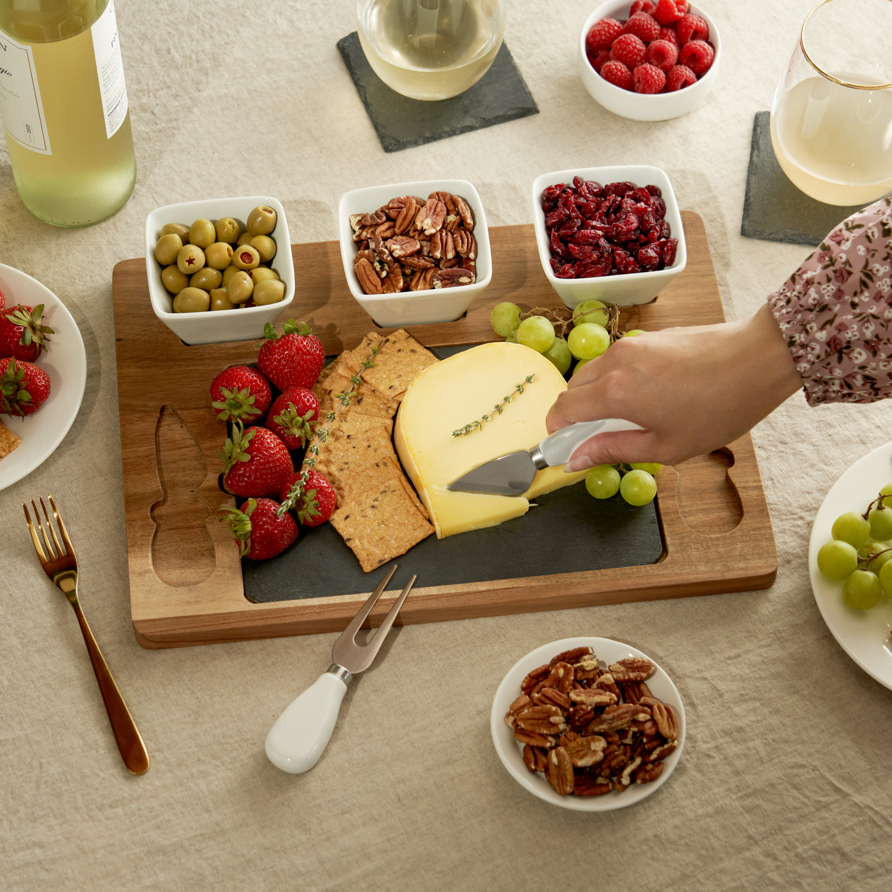 Twine Living® Acacia & Slate Cheese Board Set w/ Ceramic Bowls 3