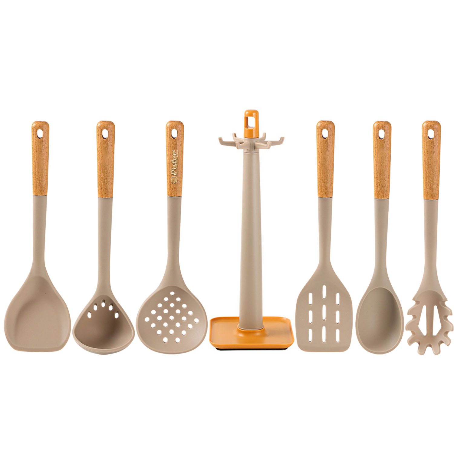 7Pcs Silicone Kitchen Utensils Set w/ Wooden Handle 2