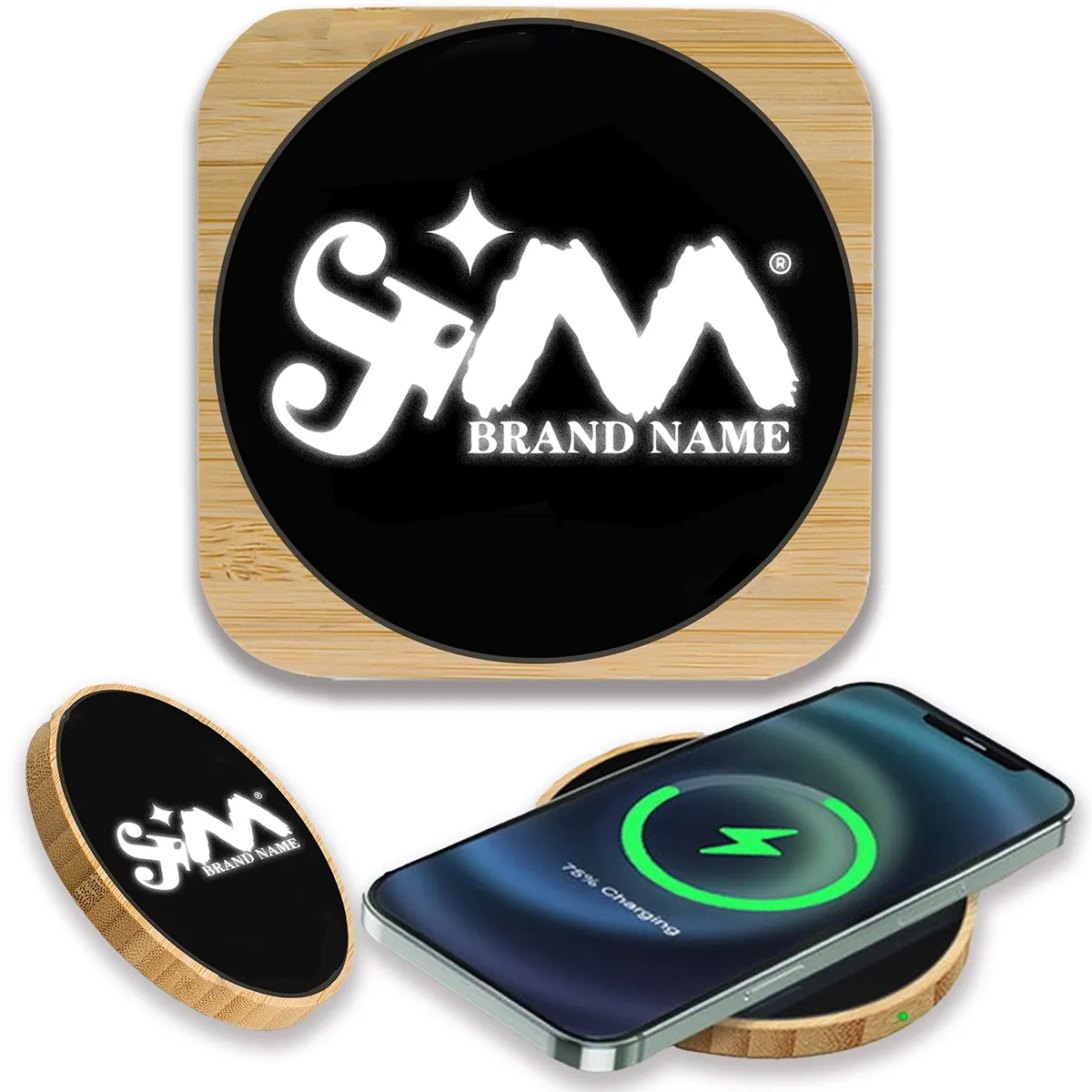 15W Light Up Logo Bamboo Portable Fast Wireless Charger 1