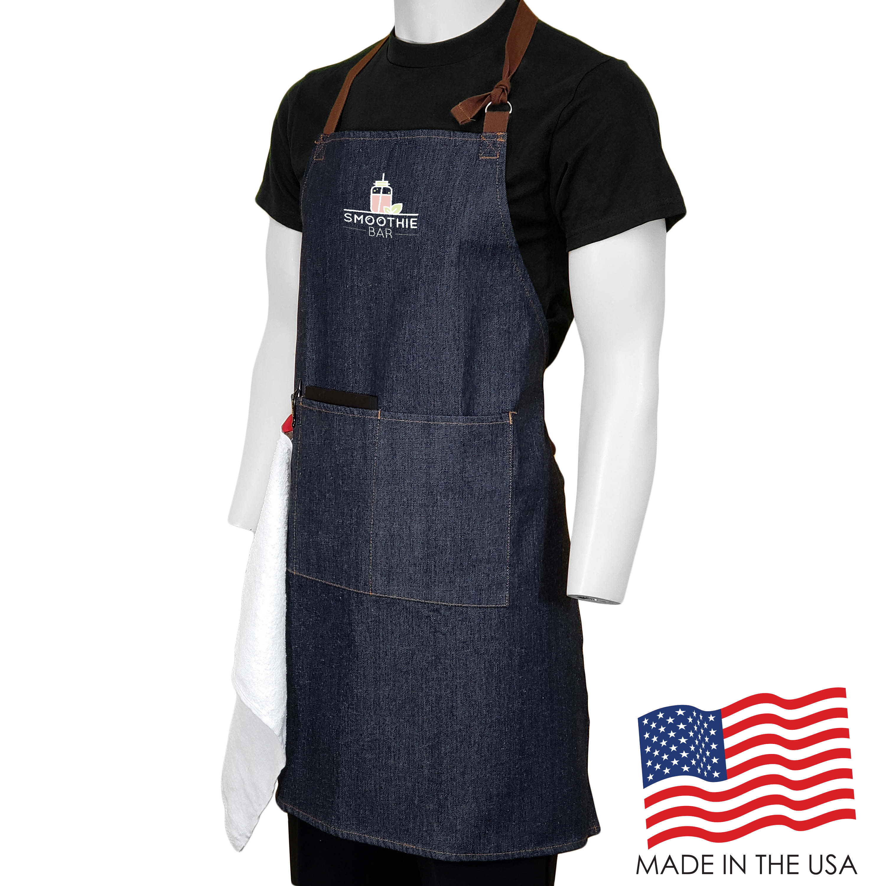 31 in. x 26 in. Adjustable Denim Bib Apron with Pockets (Full Color Logo) 1