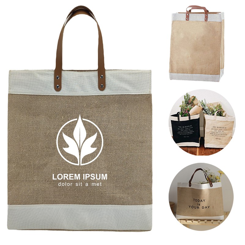 Laminated Jute Tote with Leather Handles, custom tote bag with logo imprint 1