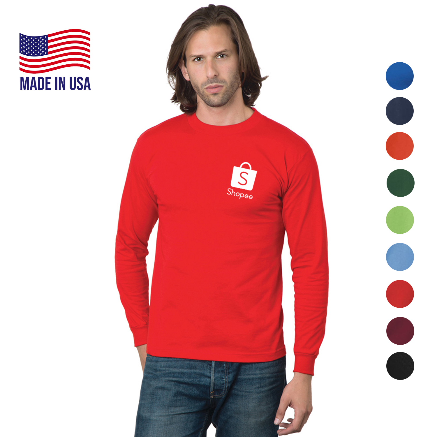USA-Union Made Pre-Shrunk Long Sleeve Crew Tee Shirt 1