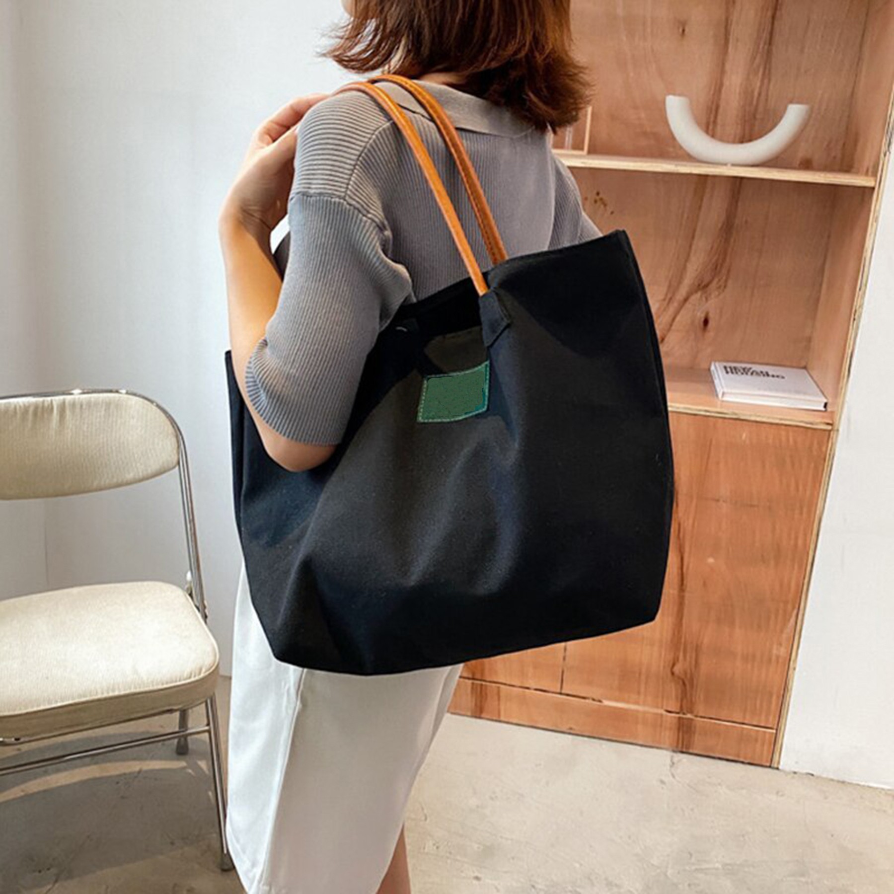 Women Canvas Tote Bag With Leather Handle 3