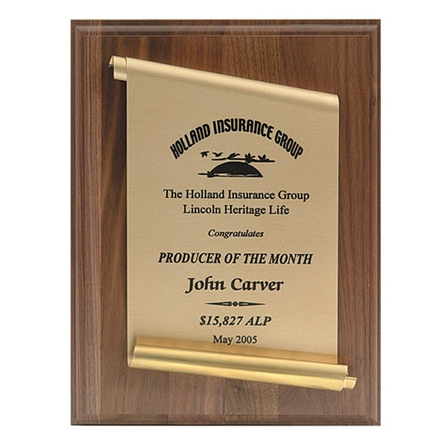 Simulated Walnut Plaque With Brass Scroll 1