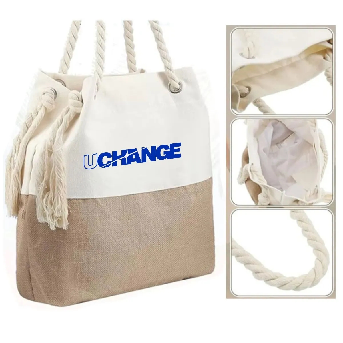 Canvas Jute Beach Grocery Tote Bag With Rope Handles, custom tote bag with logo imprint 4