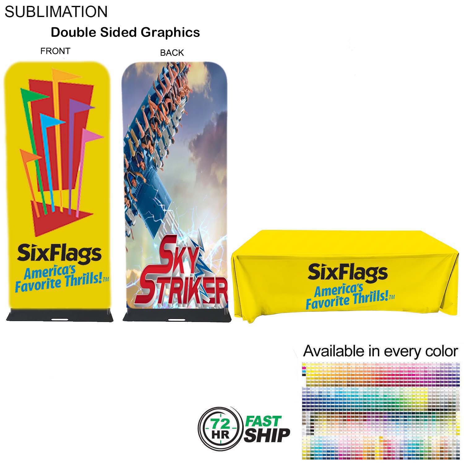 72Hr Fast Ship - Event package, 3'W Fabric banner and Premium 6' tablecloth closed back 3