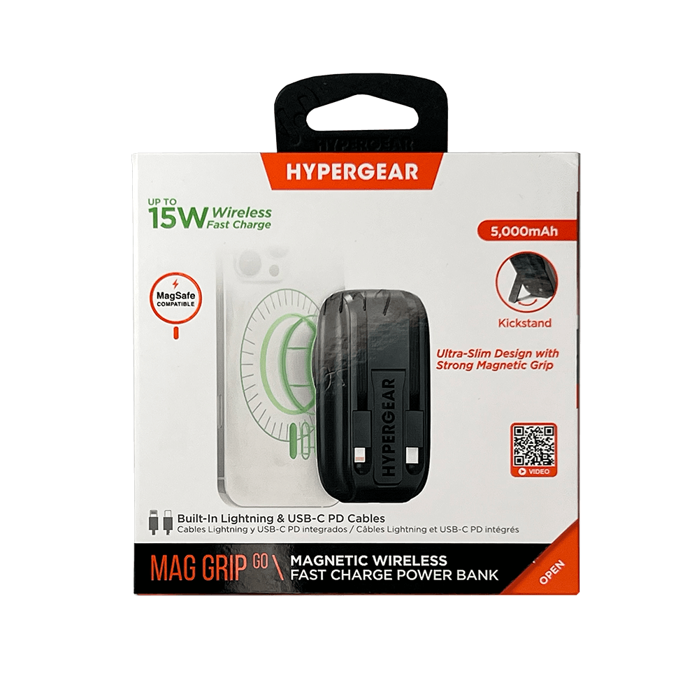Hypergear 5,000mAh Mag Grip Go Magnetic Wireless Fast Charge Power Bank with Built-In Cables 24