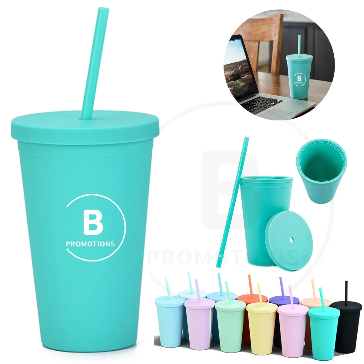 16oz Colored Matte Double Wall Acrylic Cups with Lids Straws 3