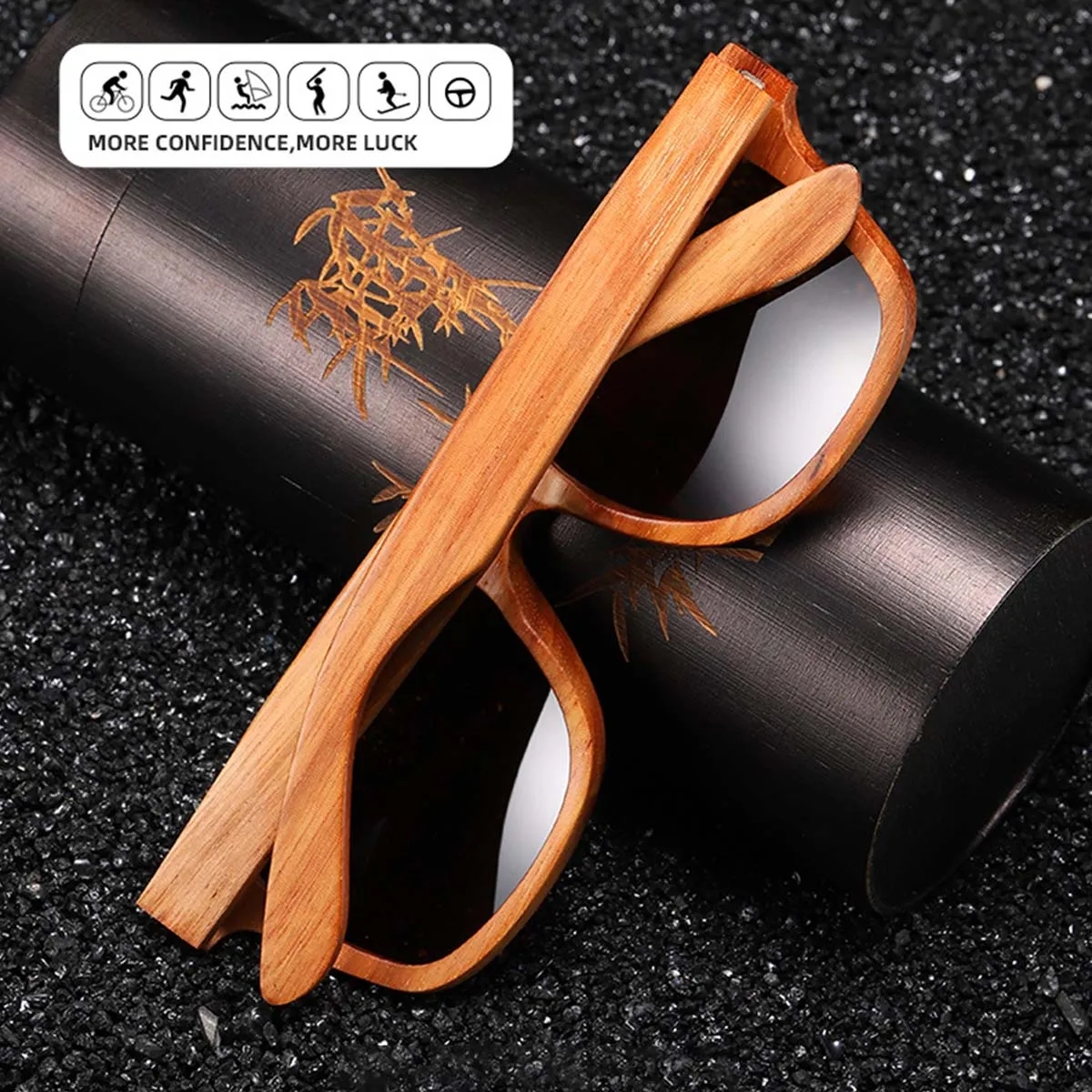 UV400 Unisex Wooden Frame Square Polarized Sunglasses 7