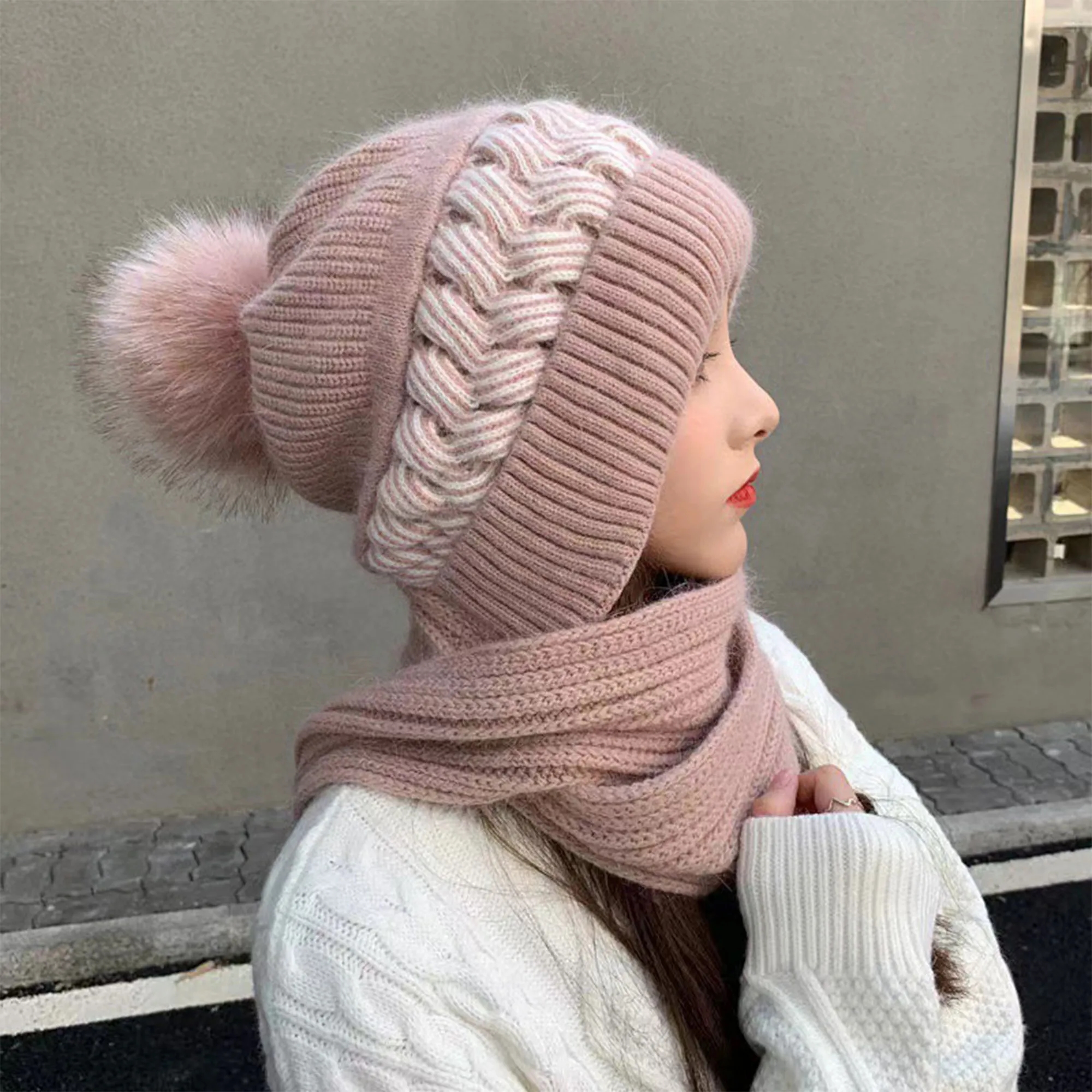 Warm Knitted Women Winter Hat With Scarf Pom-Pom 4