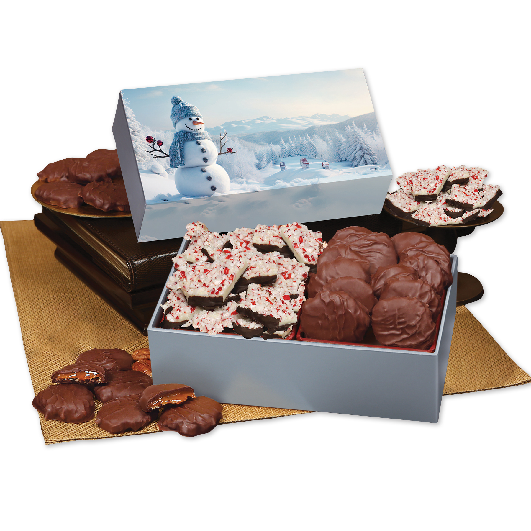 Peppermint Bark & Pecan Clusters in Gift Box with Blue Snowman Sleeve 2