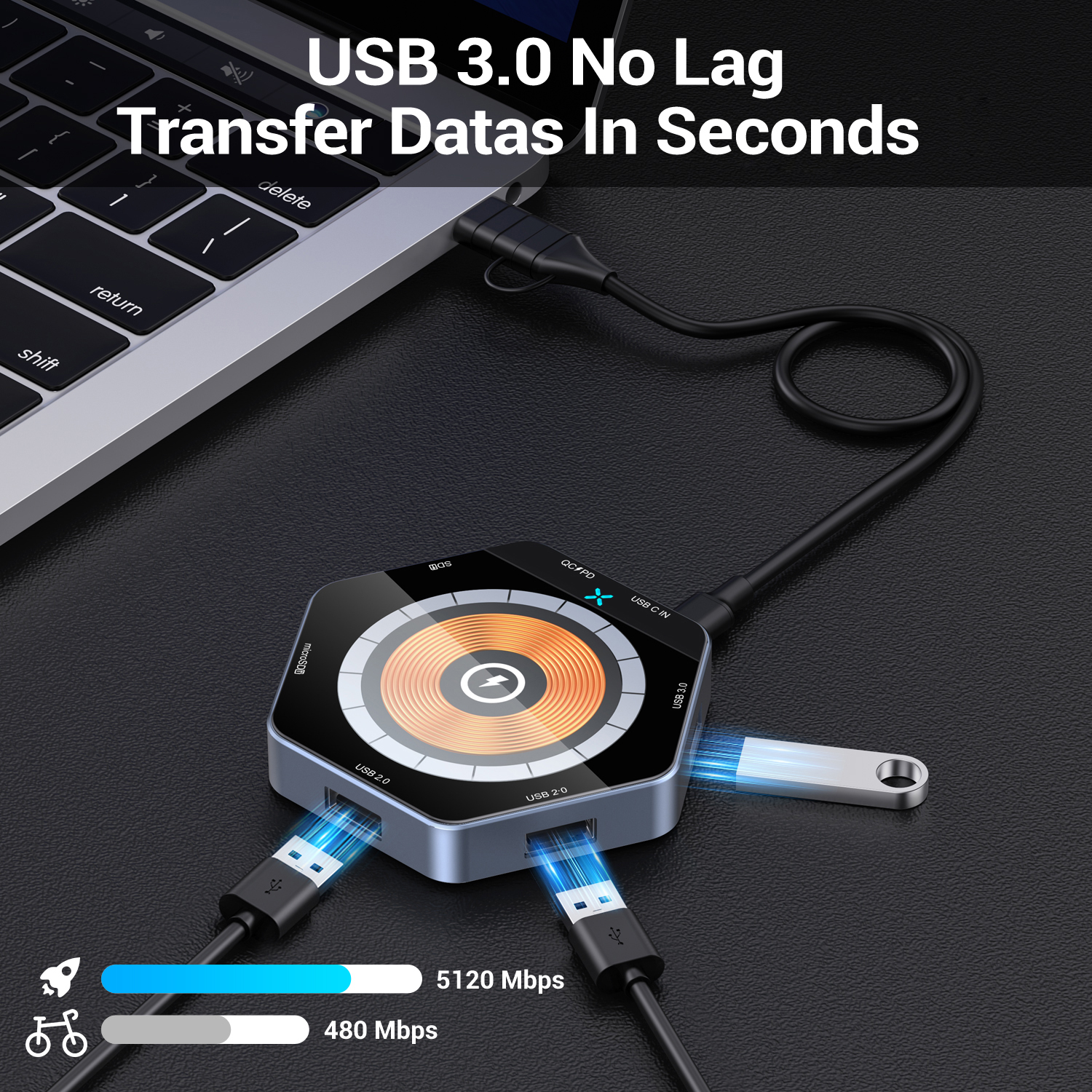 Hexagon Shaped 15W Magnetic Fast Wireless Charger, USB Hub and Card Reader With QC and PD 2