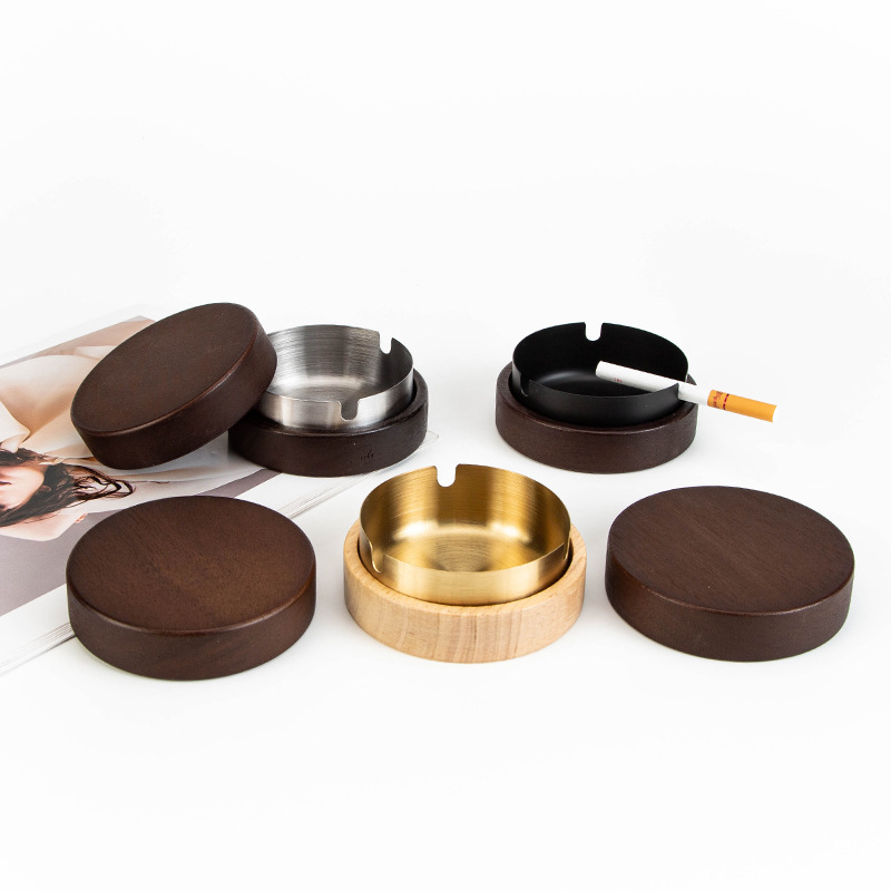 Wooden Ashtray with Lids Cigarette Ash Holder 2