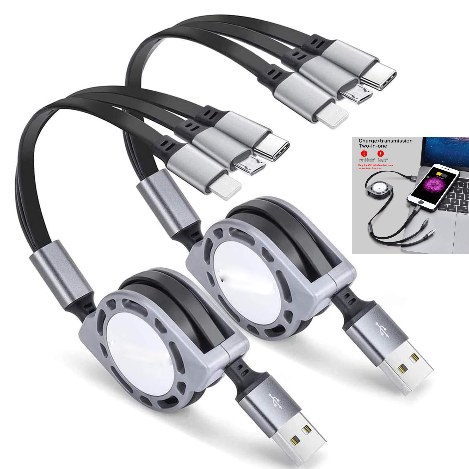 3 in 1 Retractable Charging Cord Multi USB Cable Fast Charger Cord 2