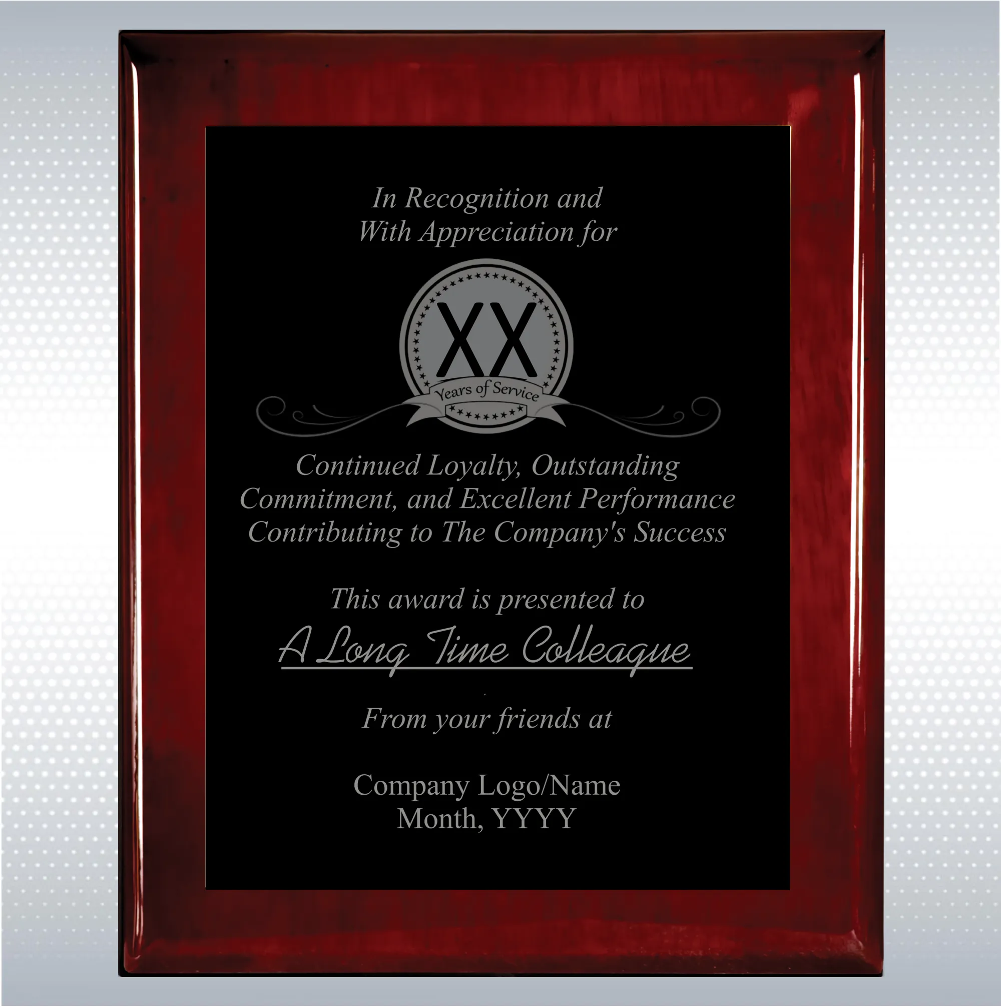 Rosewood Piano Finish Wood Plaque  Years of Service Award 21