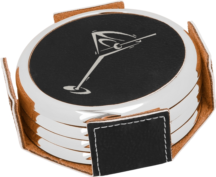 Black Leatherette Round Coaster Set of Four 3