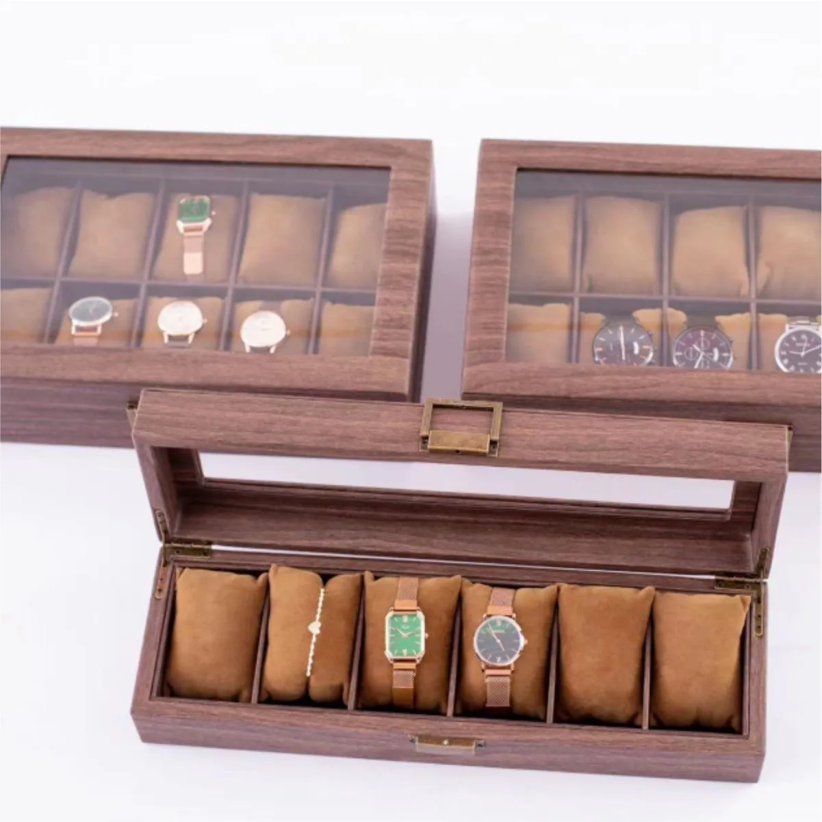 Vintage Wood Grain PU Two Slot Watch Box With Window Watch Box PU Leather Lockable Watch Storage Box 2