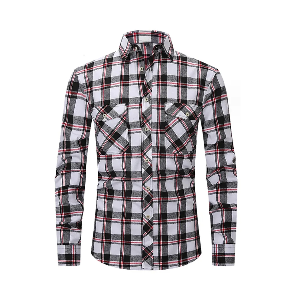 Brushed Plaid Shirt Long Sleeves Double Pockets 14