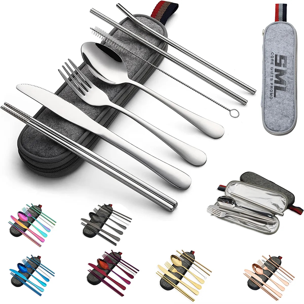 Portable 7 pcs Stainless Steel Cutlery Set w/Felt Bag 2