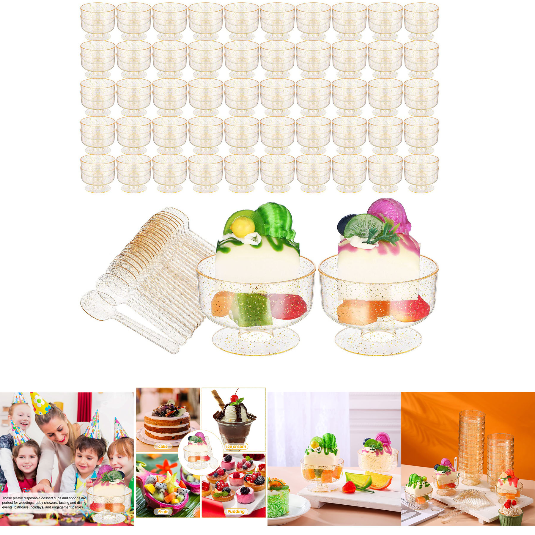 100 Sets 5 oz Gold Glitter Dessert Cups 2