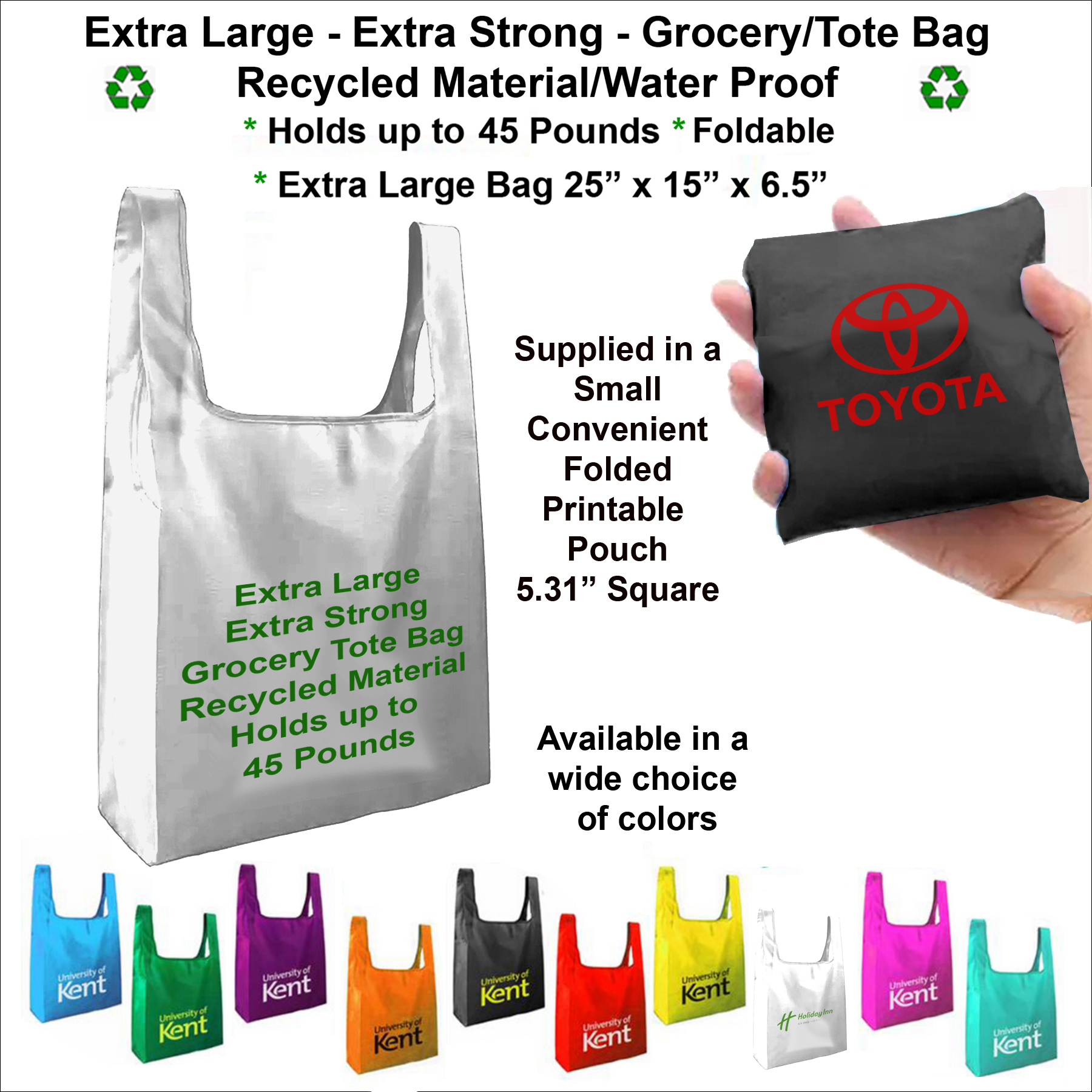 Extra Large, Extra Strong Grocery/Tote Bag - Holds up to 45 Pounds, Recycled Material - Water Proof