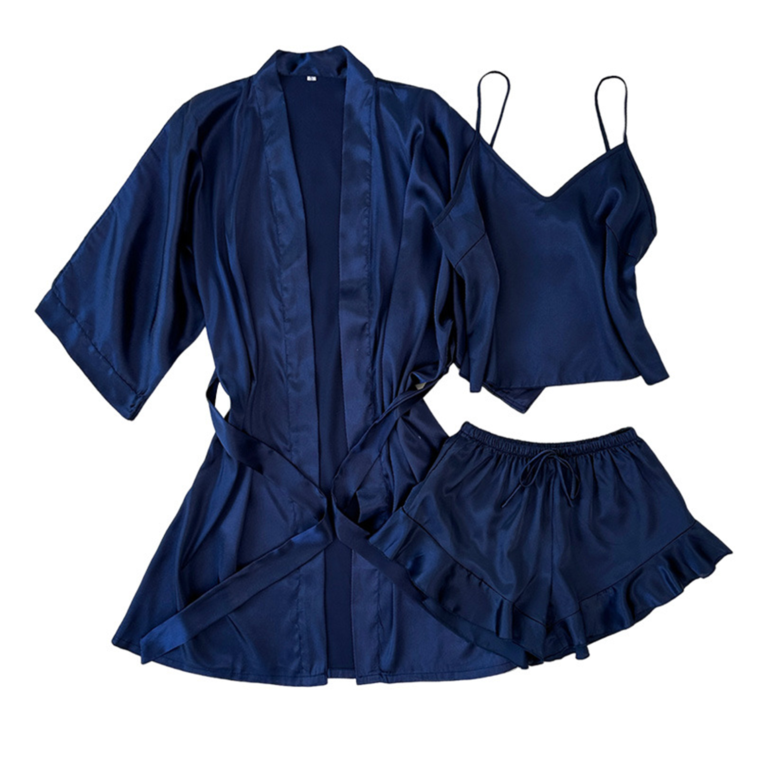 3 Piece Women Solid Color Sexy Silk Pajamas Set 2