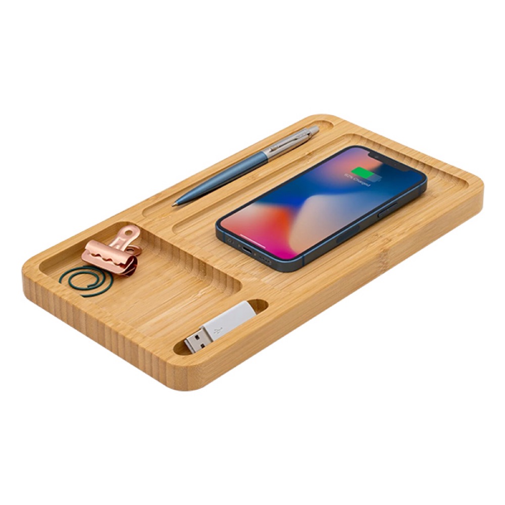 Bamboo Desk Organizer Wireless Charger 8
