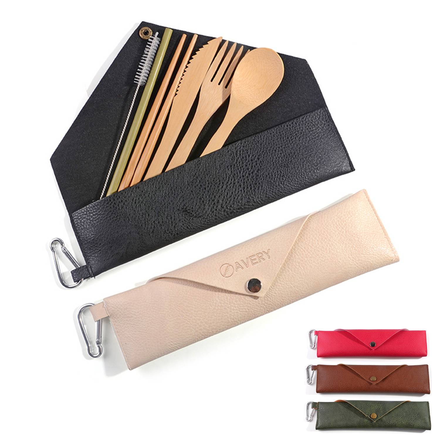 Travel Reusable Bamboo Cutlery Set With A Leather Pouch 2