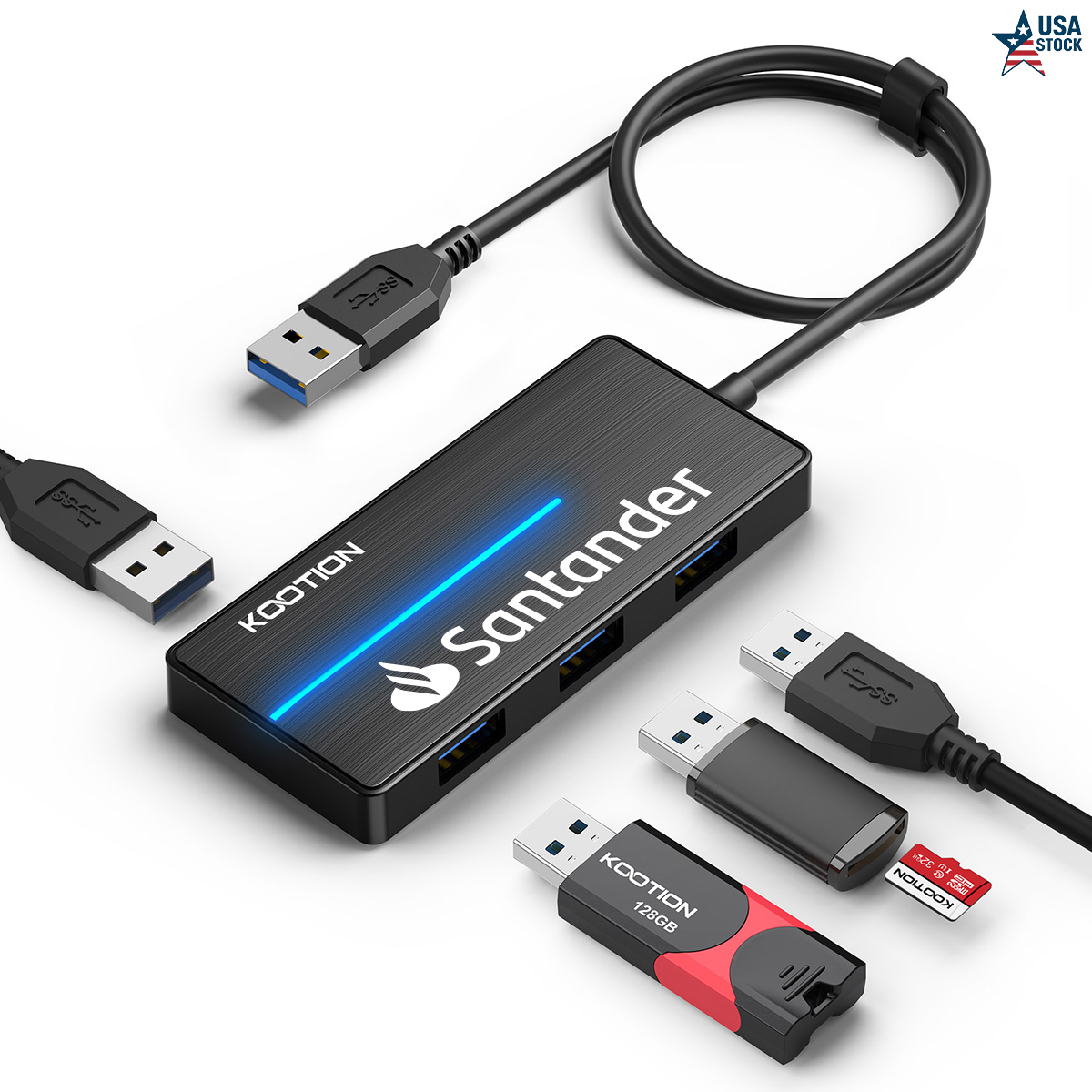 Compact 3-Port USB Hub with Blue Light 2