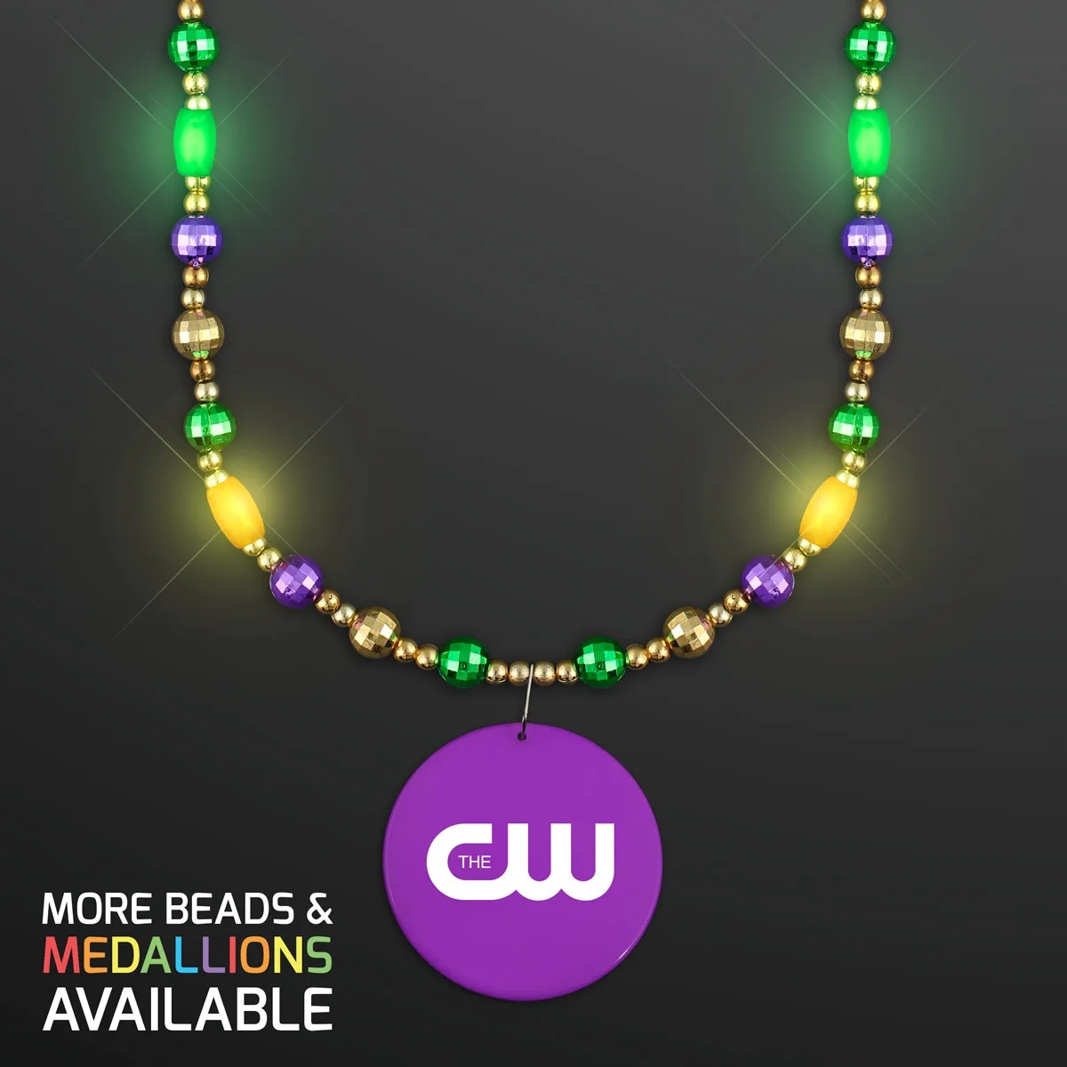 Glam Mardi Gras Beads LED Necklace with Purple Medallion 3