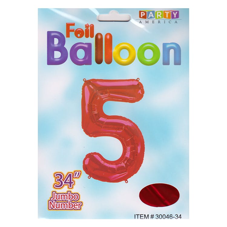 Mylar Number 5 Balloons - Red 34" 2