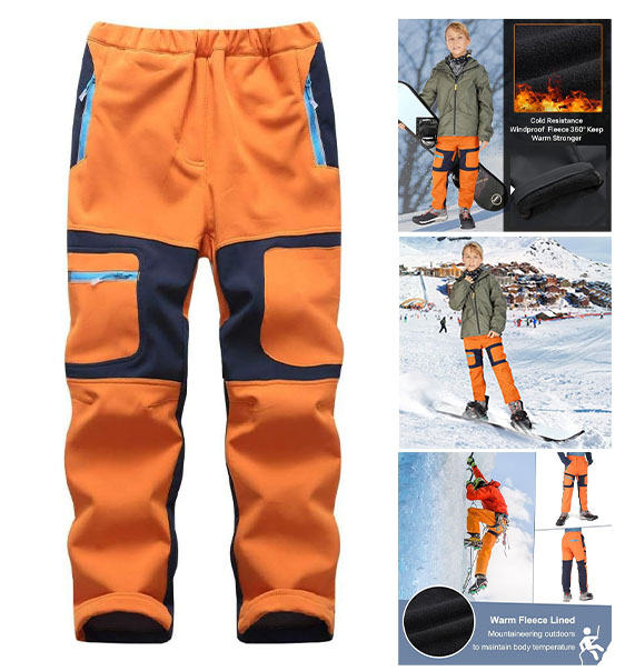 linlon Kid Boy Snow Waterproof Pants Youth Fleece Lind Hiking Softshell Warm Insulated Trouser 2
